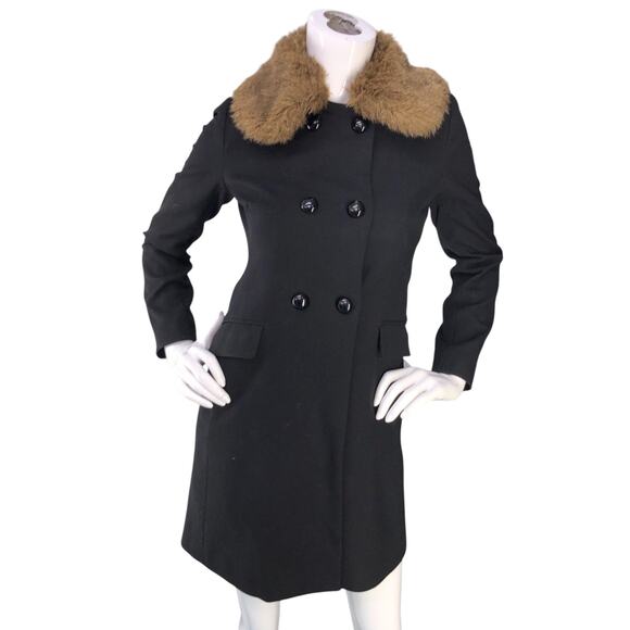 Banana Republic Coat Womens Petite XS Black Faux Fur Collar Double-Breasted - Picture 11 of 16